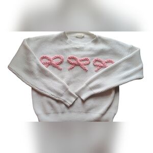 Dreamers By Debut Women's White Coquette Sweater with Pink Bow Accents XS